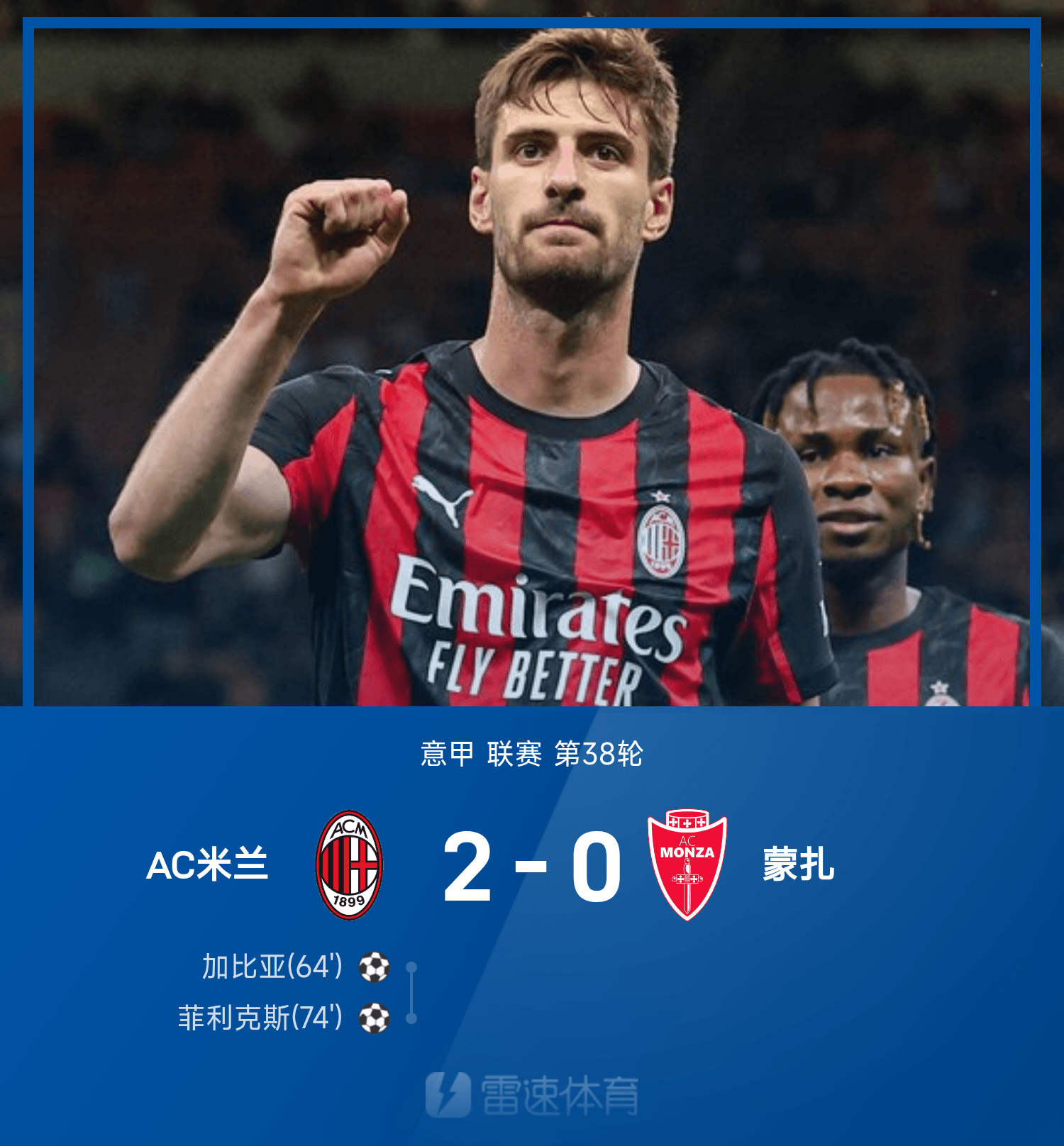 ⚽意甲战报：加比亚破门，菲利克斯任意球建功，米兰2-0蒙扎
